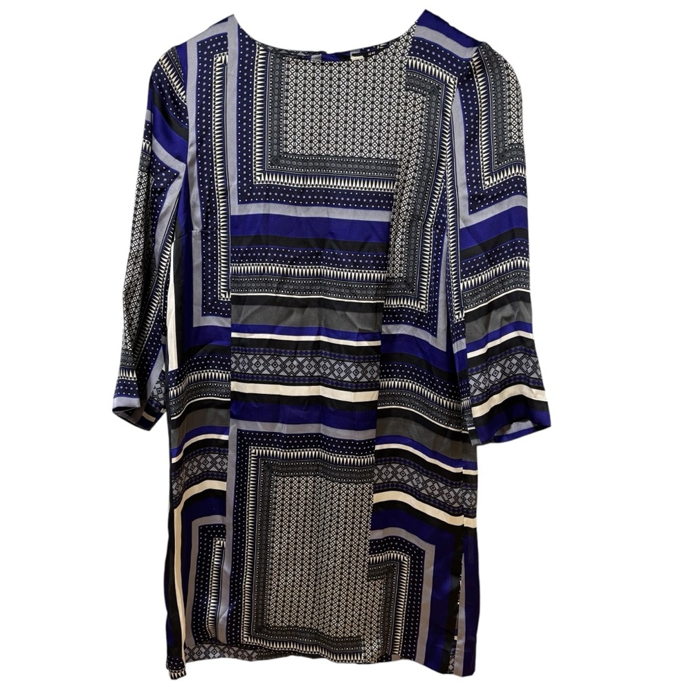 HM Blue Geometric Scarf Print Shift‎ Dress 3/4 Sleeve Keyhole Back US 6 #185